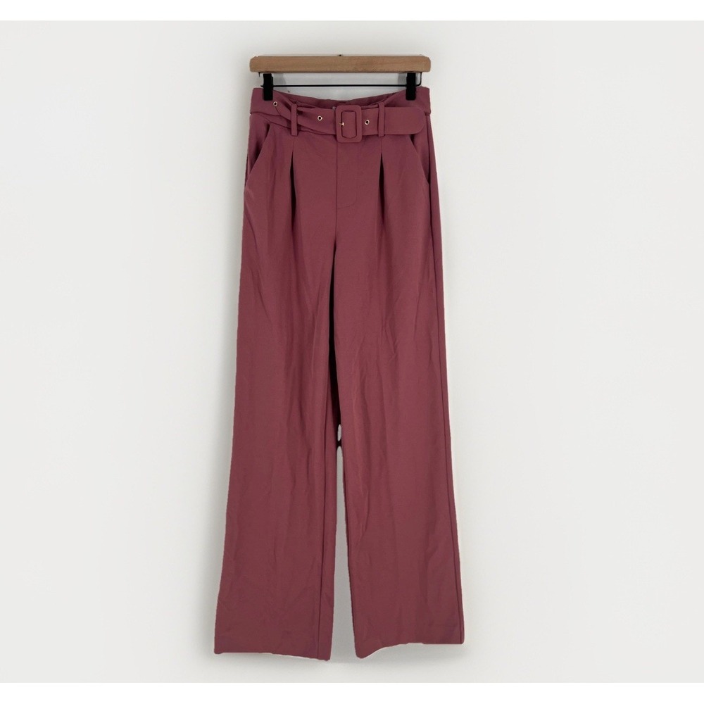 Fashion Nova Celine Belted Pants‎ Womens Medium Mauve Stretch Pleated Wide Leg